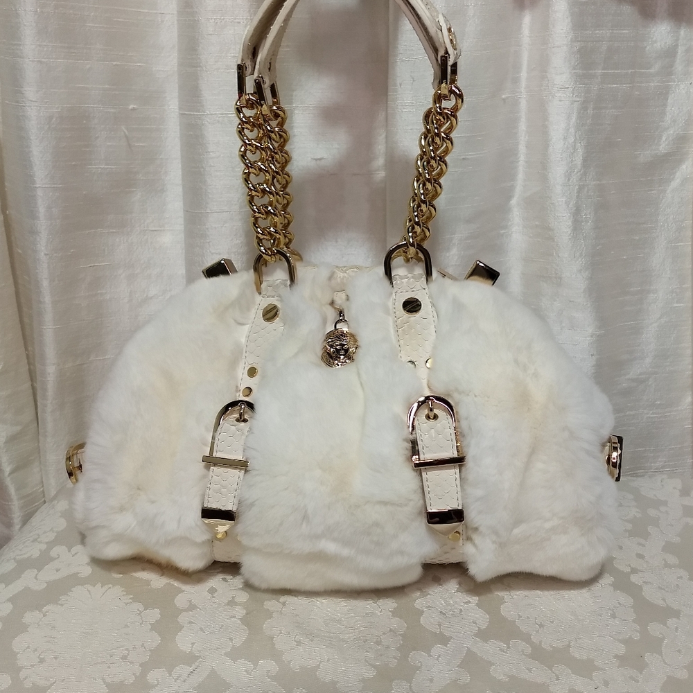 Gianni Versace rabbit fur purse gold hardware satin lining